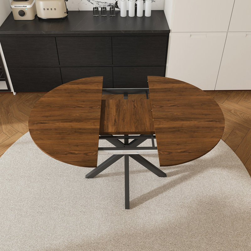 Table de salle à manger ronde extensible avec base en acier, Noyer / noir