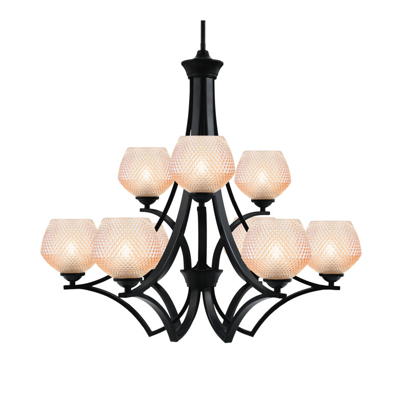 Lustre 9 lumières Zilo, fini noir mat, avec verre texturé ambre de 6 po