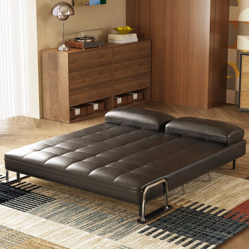 59 In. Mid Century Modern Black Faux Leather Convertible Sofa Bed With High Density Foam And Hidden Support Legs, Black