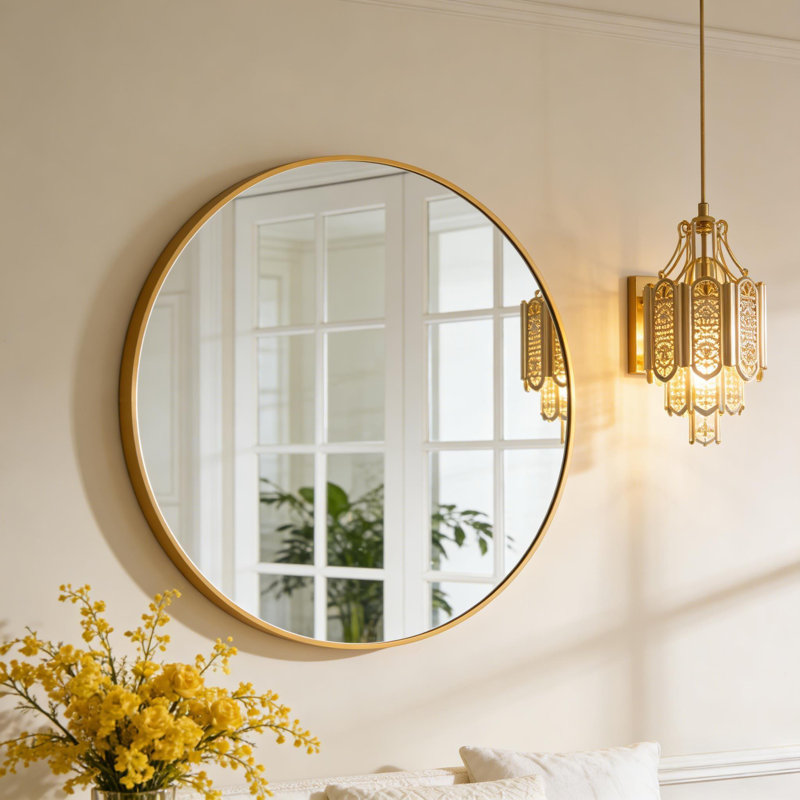 Tempered Glass and Aluminum Alloy Framed Decorative Wall Mirror, Gold, 16" x 16"