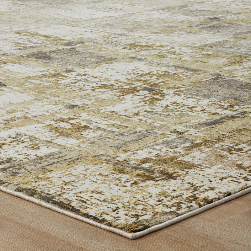 Wallburg Gold Charcoal Grid Abstract Area Rug, Runner 2'6" x 10'