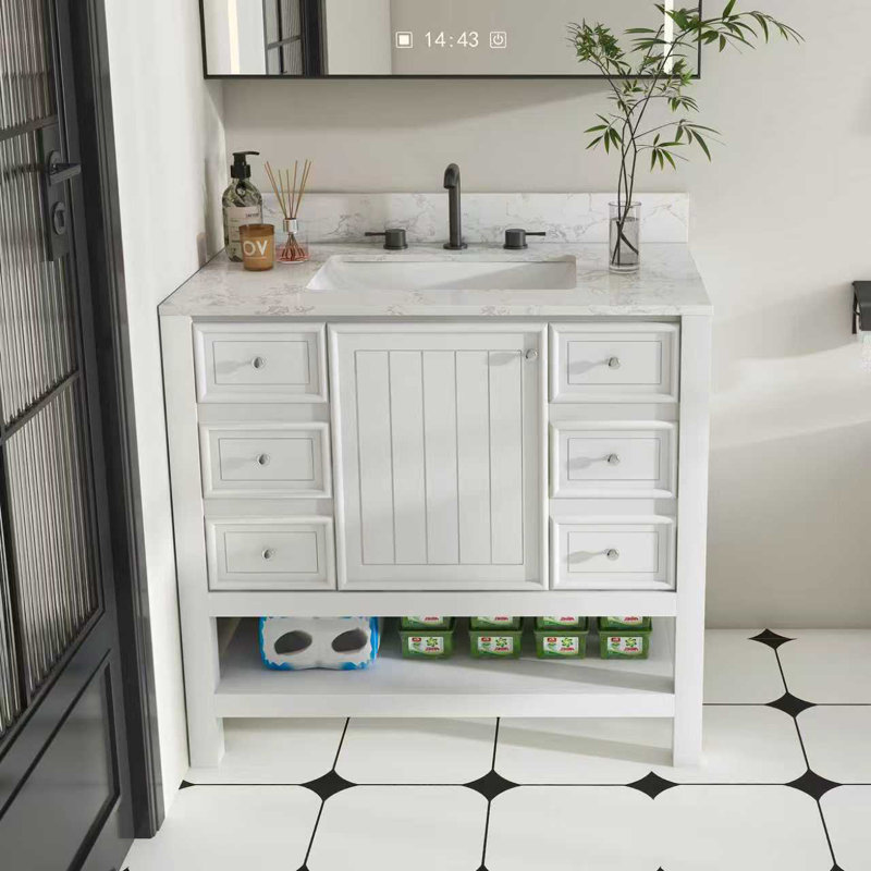 Ensemble de meuble-lavabo moderne de 37 po avec plateau Carrara blanc, armoire de salle de bain multifonctionnelle avec portes et tiroir, cadre et panneau en MDF (trois trous de robinet)