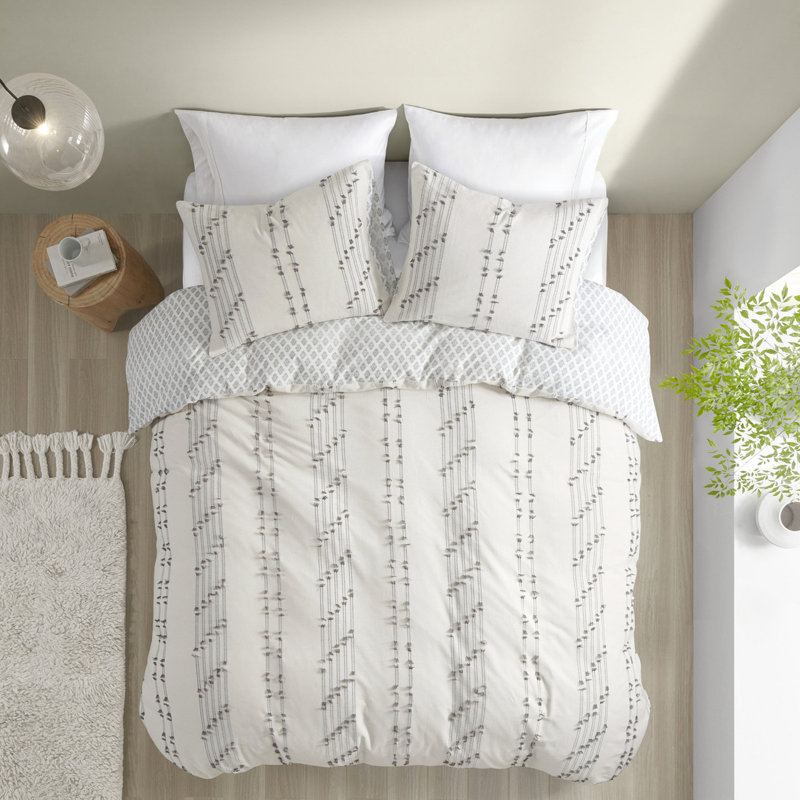 Housse de couette 100% coton pour lit double / grand lit avec rayures grises, revers, 2 taies décoratives, lavable et fermeture à boutons, 4 attaches intérieures, réversible, lavage en machine,,, -,