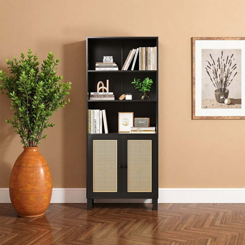 5-Shelf Bookcase with Rattan Doors / 7 Tier Storage Wood Shelves Large Bookshelf – Farmhouse & Coastal Style, Black