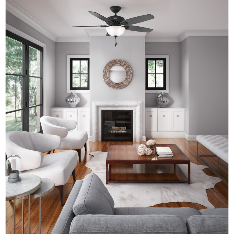 52" Builder Deluxe 5 - Blade Standard Ceiling Fan with Pull Chain and Light Kit Included, Matte Black