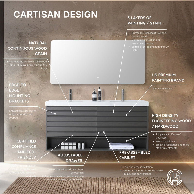 Matera 60" W Double Vanity, White, Charcoal