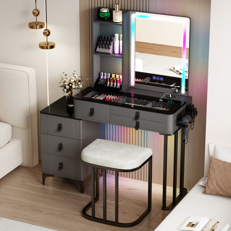 Zijo Makeup Vanity with LED Light, Grey/Black