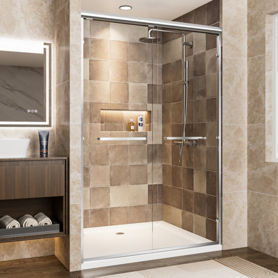 44"-48" W X 72" H Chrome Aluminum Frame Double Sliding Shower Door, 1/4" (6Mm) Clear Tempered Glass With Explosion-Proof Film, Dual Stainless Steel Handles