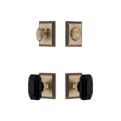 Carre Square Rosette Complete Entry Set with Single Cylinder Deadbolt and Baguette Black Crystal Knob