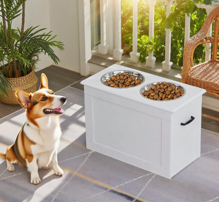 Support surélevé pour animal avec station de rangement en acier inoxydable, Blanc