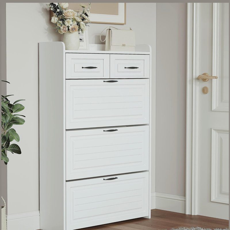 Armoire à chaussures avec 3 portes et 2 tiroirs, grand espace de rangement, Blanc
