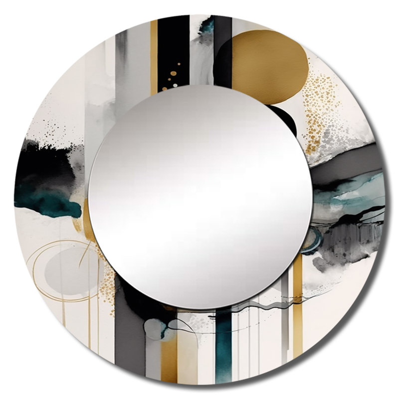 Style sriharan abstrait transitionnel moderne formes III - miroir de formes abstraites, miroir mural rond noir décoratif, art imprimé en métal