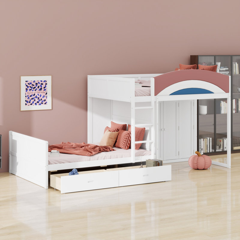 Offset Bunk Bed with Wardrobe, Drawers, Upholstered Guardrail and Hanging Rod, White