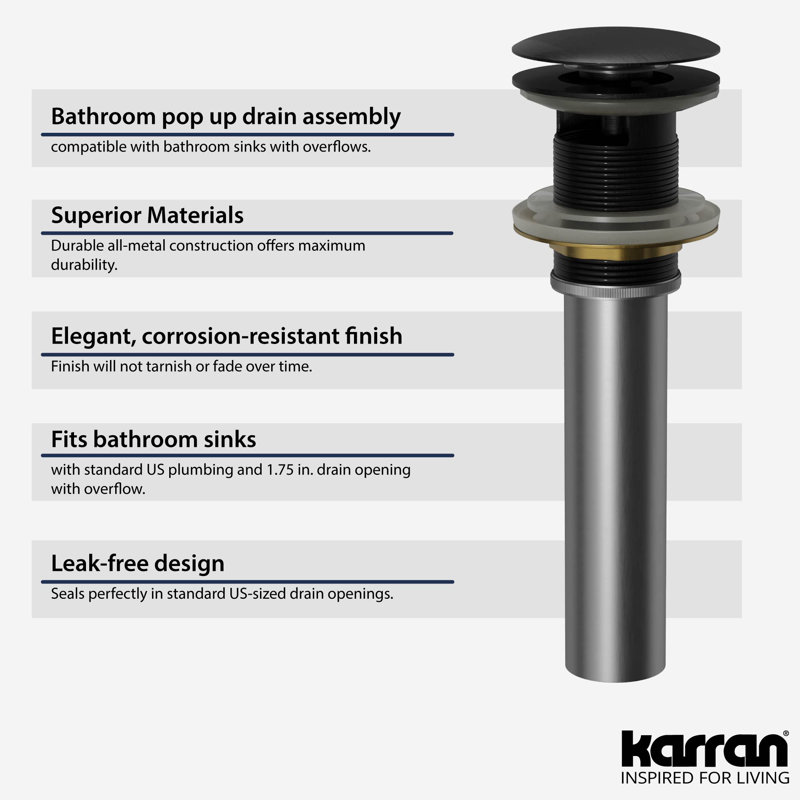 Karran Pop-up Bathroom Sink Drain With Overflow, Matte Black