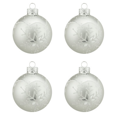 Winter Light Matte White with Glitter Snowflake Design Glass Ball Christmas Ornaments