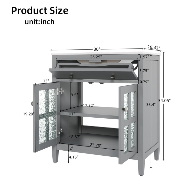 Meuble-lavabo de 30 pouces avec lavabo en céramique avec tablettes réglables et plateau réversible, Gris