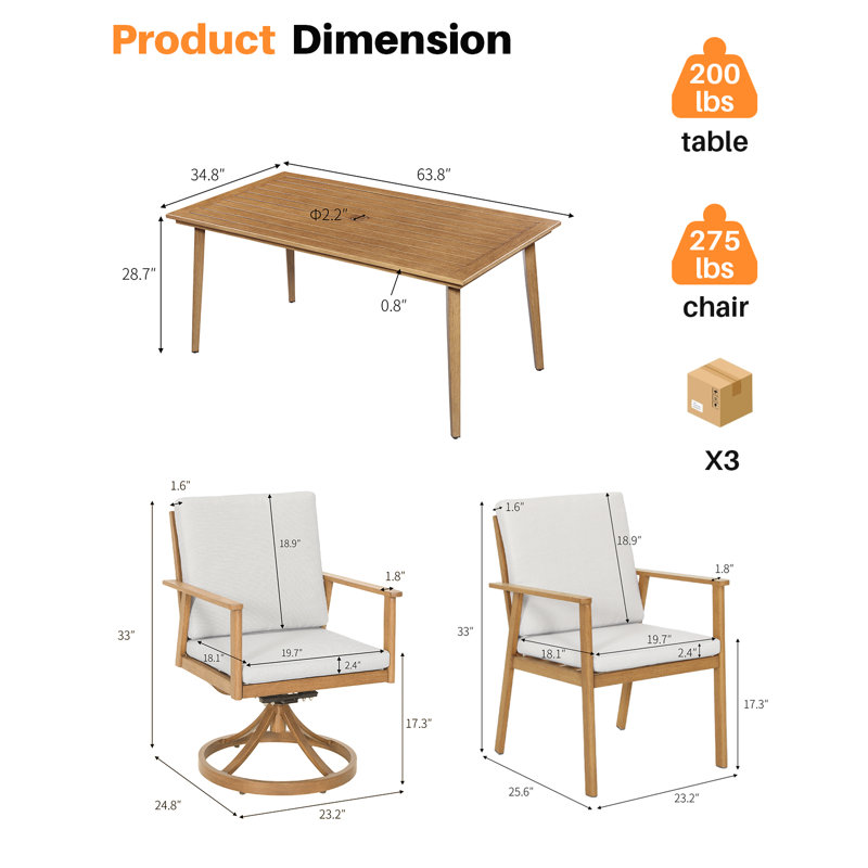 Seehill 7-Piece Aluminum Outdoor Dining Set, 4 Chairs, 2 Swivel Chairs & 63.8" Table With 2.2" Umbrella Hole, Rust-Resistant, All-Weather Patio Furniture For Backyard, Porch, Brown