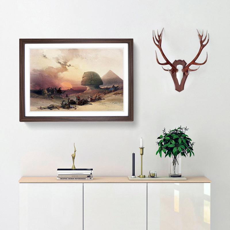 Sunset by the Great Sphinx Pyramids of Giza by David Roberts - Picture Frame Painting Print, Walnut Framed