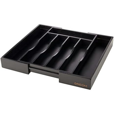 Organisateur de tiroir de cuisine en bambou extensible pour les couverts et les ustensiles, plateau de couverts en bois de bambou réglable dans le tiroir pour les couverts et l'argenterie dans la cuisine (noir)