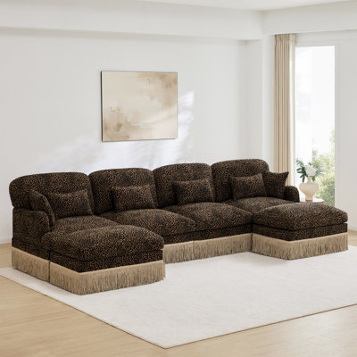 Canapé en U 131 po en chenille confortable à imprimé léopard, bord à pampille délicat, repose-pieds mobiles, style moderne, dossier et siège ergonomiques, assemblage facile, siège profond pour le salon