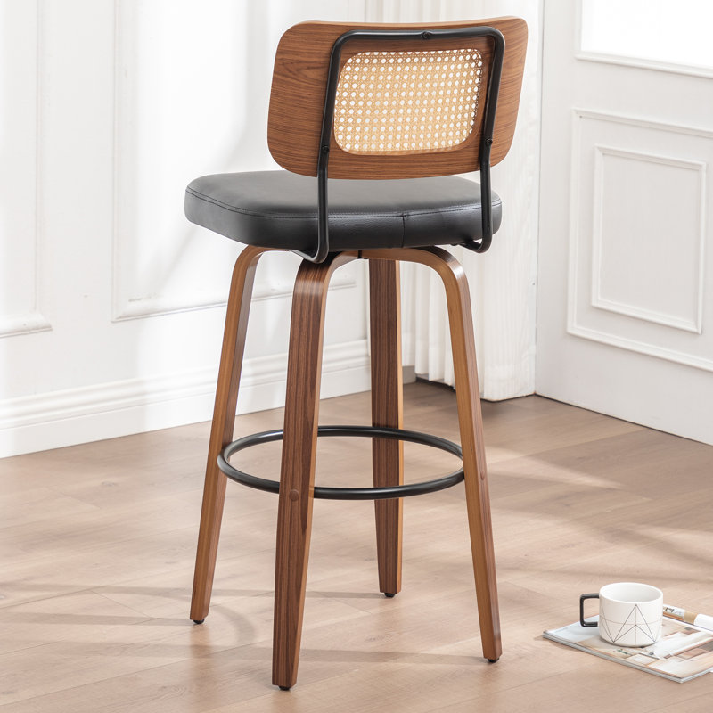 Cane Back Swivel Counter Stool with Faux Leather Seat, Counter Stool (26.37'' Seat Height), Black
