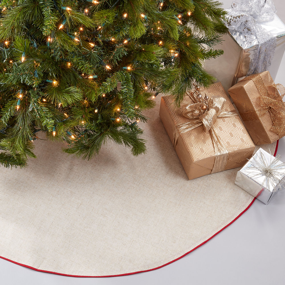 Nylah Tree Skirt, 84", Natural/Red Piping