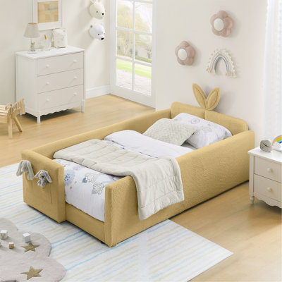 Lit plateforme tapissier simple avec tête de lit en forme d'oreille de lapin mignon, avec barre de sécurité et poche, tissu bouclé