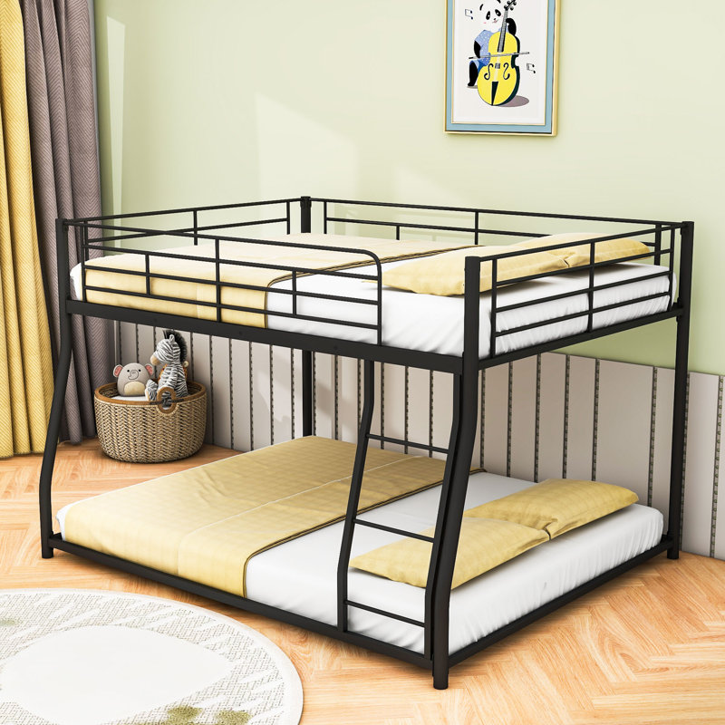 Contemporary Metal Bunk Bed With Sloping Ladder And Safety Guardrail, Full XL Over Queen