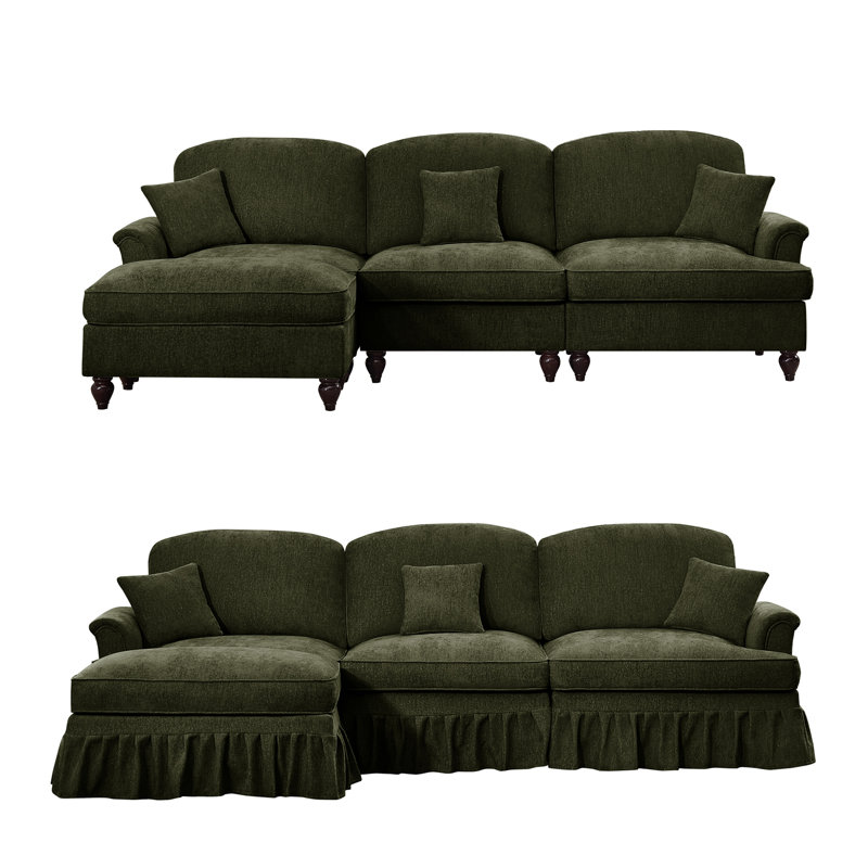 Canapé modulaire Mid-Century modulaire 3 places avec accoudoirs évasés, jupe amovible et repose-pieds mobile - Canapé en chenille pour le salon