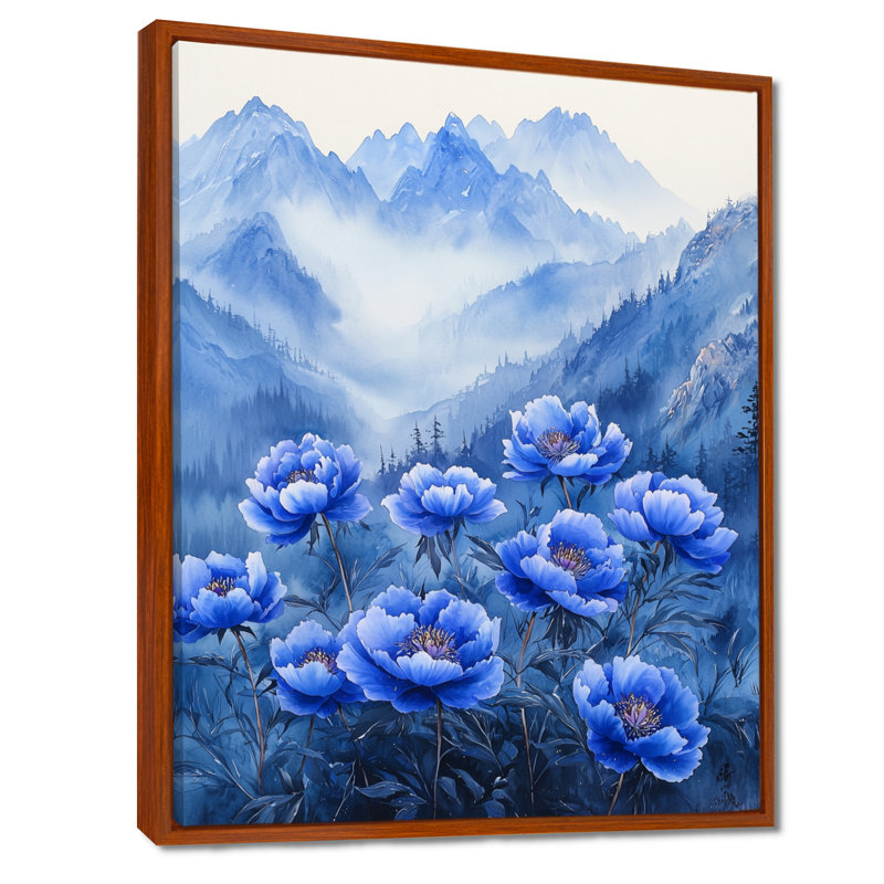 «Blue Pivoines on Mountain Peaks I - Pivoines», reproduction sur toile encadrée, H 40 po x l 30 po, Brun