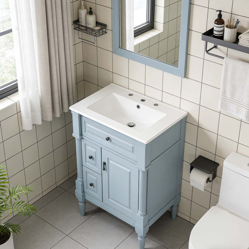 Meuble-lavabo élégant avec lavabo, armoire autoportante et tiroir rabattable Elegant Design, Bleu et gris