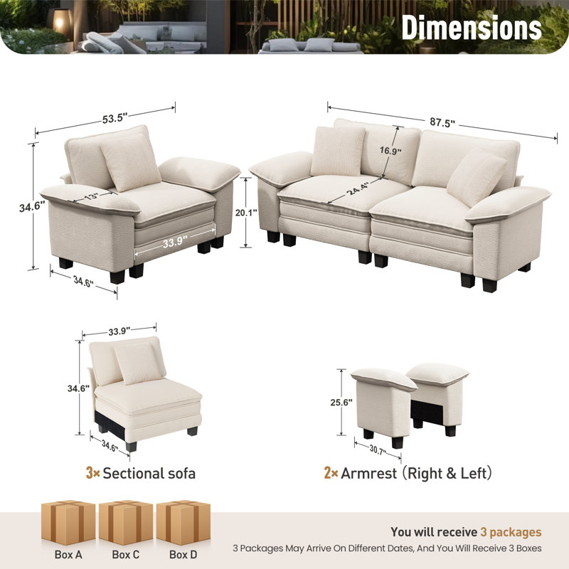 2 Piece Upholstered Modular Sectional Sofa Sets, Oversized Couch Set with Loveseat and Armchair, Ivory Chenille