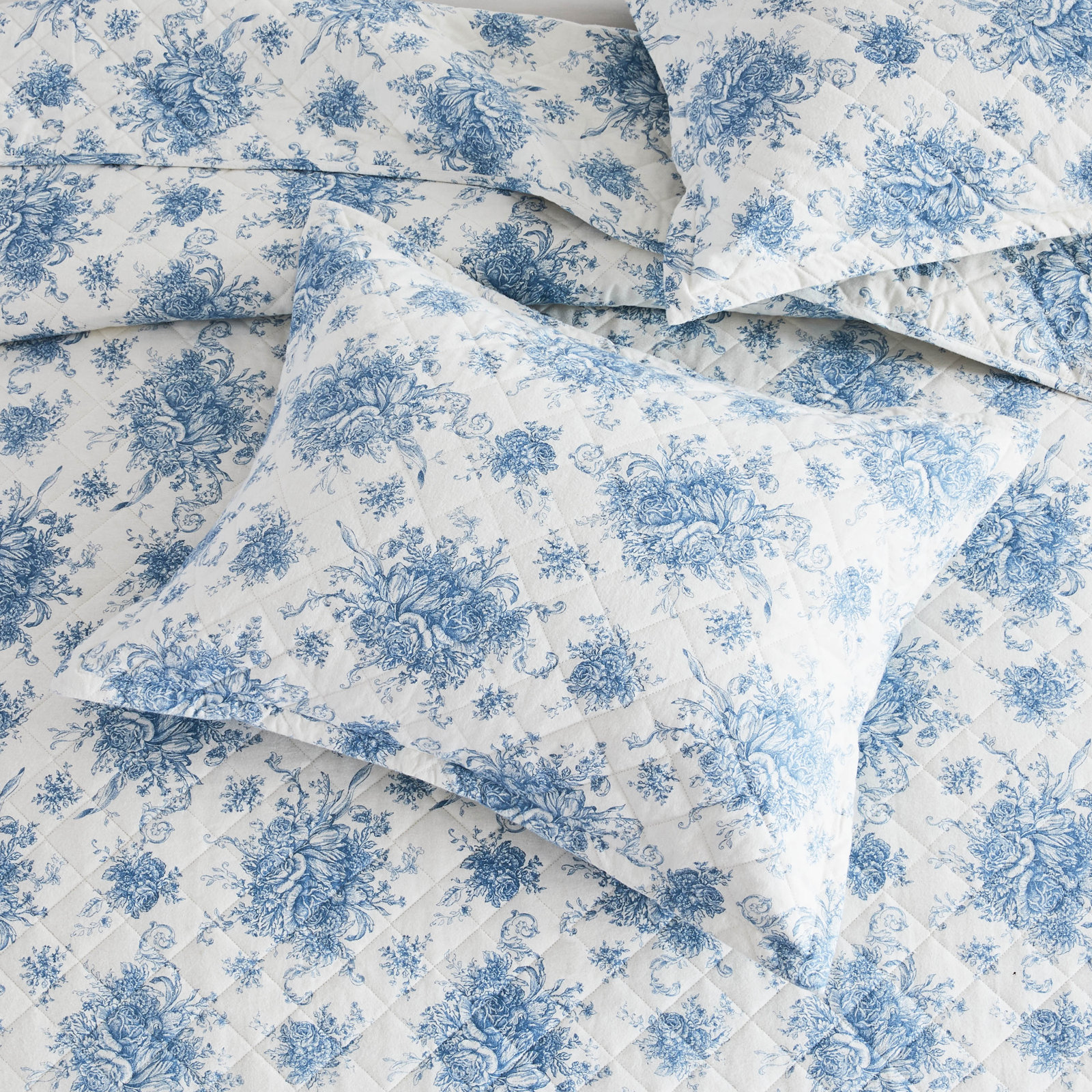 PETIT TOILE FLANNEL COTTON QUILT SET, Twin Quilt + 1 Standard Sham, Blue