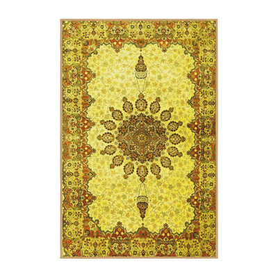 Tapis oriental en polyester / chenille jaune / orange / brun tissé à la machine