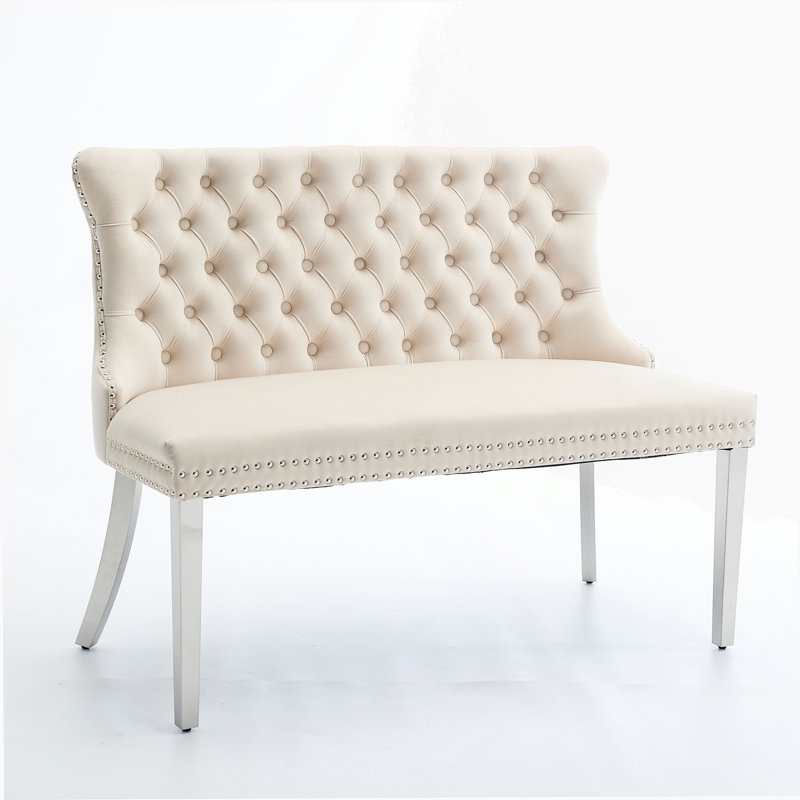 Velvet Double Dining Loveseat Bench, Kitchen & Dining Seating, 2-Seat Tufted Bench W/Handmade Buttons, Wing Back, Brushed Silver Stainless Steel Legs, Mid Century Modern,Single Pack,Beige
