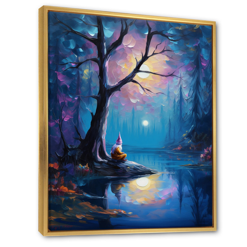 Gnome méditant en pleine lune, forêt magique sur toile, H 32 po x l 24 po x P 1 po, Cadre flottant doré
