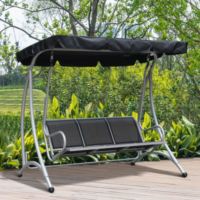 Outsunny 3-Seat Patio Swing Chair, Outdoor Canopy Swing With Stand, Adjustable Shade, Steel Frame For Adults, Garden, Poolside, Black
