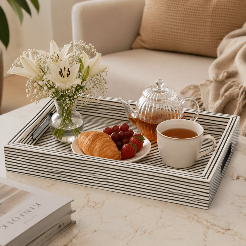 Ensemble de 4 plateaux de service et sous-verres fabriqués à la main à fines rayures 