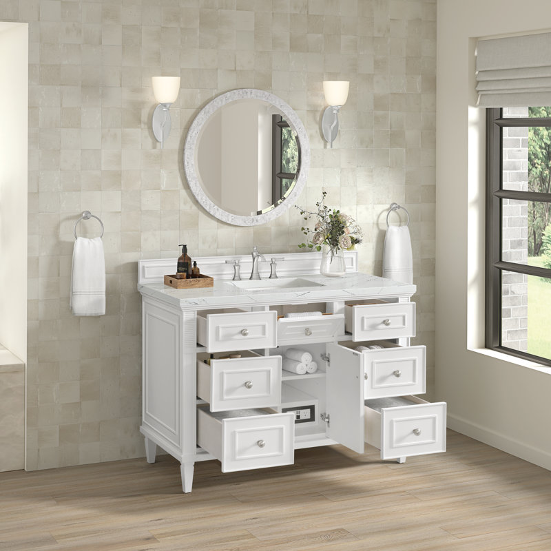 Lorelai 48'' Single Bathroom Vanity with Top, Bright White, Ethereal Noctis Quartz, 8" Widespread