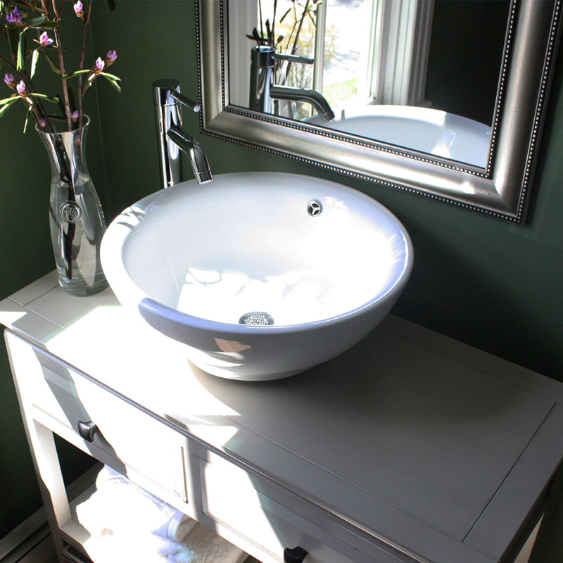 White Round Vitreous China Vessel Sink with Overflow
