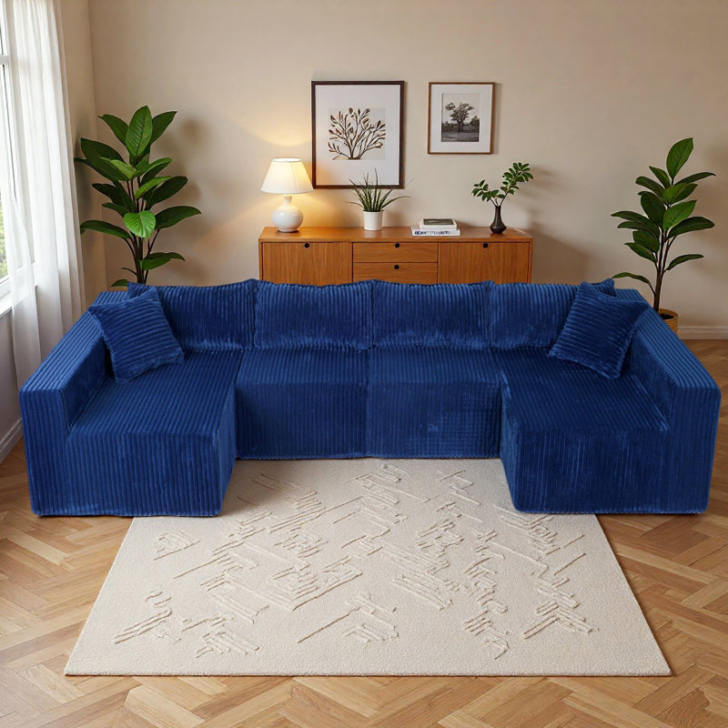 128" U-Shaped Modular Sofa With 2 Chaise, Modern Corduroy Fabric Boneless Sofa, No Assembly Required, Blue Corduroy, No