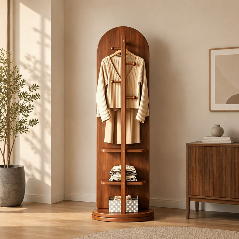 Miroir pivotant sur pied de 65,65 pouces avec porte-manteau et tablettes de rangement ouvertes