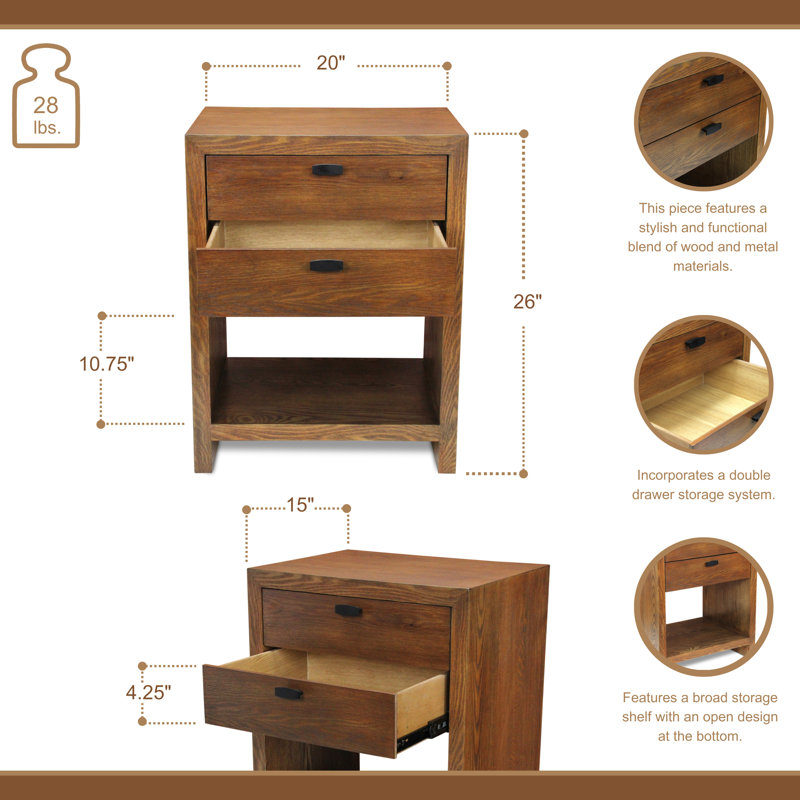 Vivara 2 Drawer Nightstand, Modern Wood Bedside Table in Brown, Brown