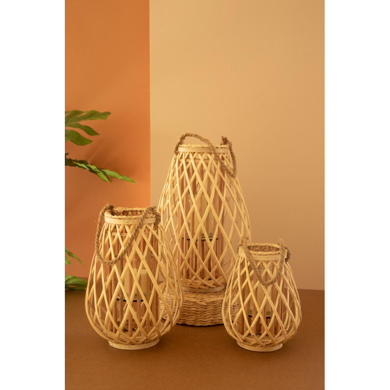 SET OF THREE WILLOW LANTERNS WITH GLASS INSERT - NATURAL