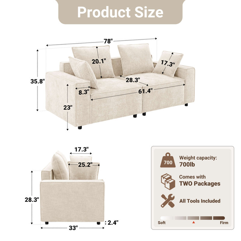 Canapé modulaire en chenille à accoudoirs carrés 78 po Makassar, Chenille beige