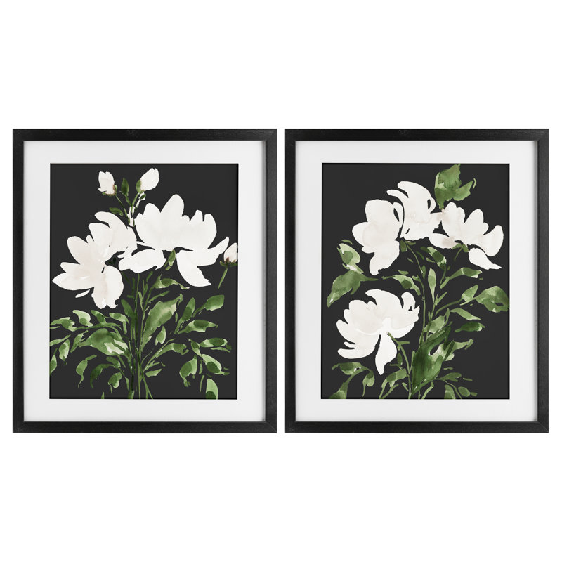 Ensemble de 2 impressions encadrées sous verre White on Black Blooms, design par Lucille Price, H 21 po x l 17 po