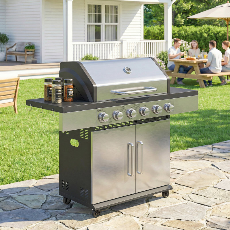 Outsunny 6 - Burner Freestanding, Portable 8500 BTU BTU Gas Grill with Cabinet