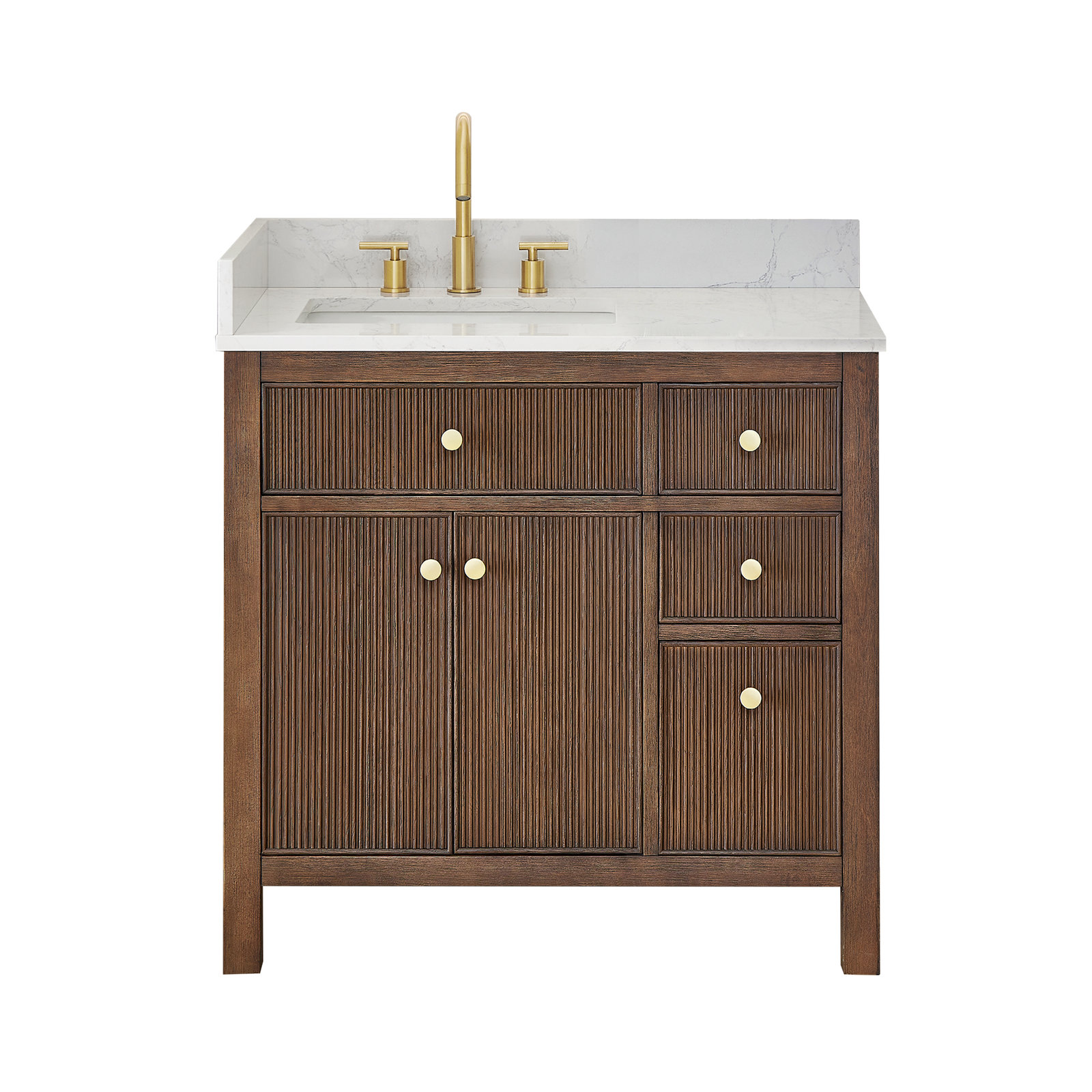 Lala 36" Single Bathroom Vanity with Grain White Engineered Stone Countertop without Mirror, Brown Brushed Oak