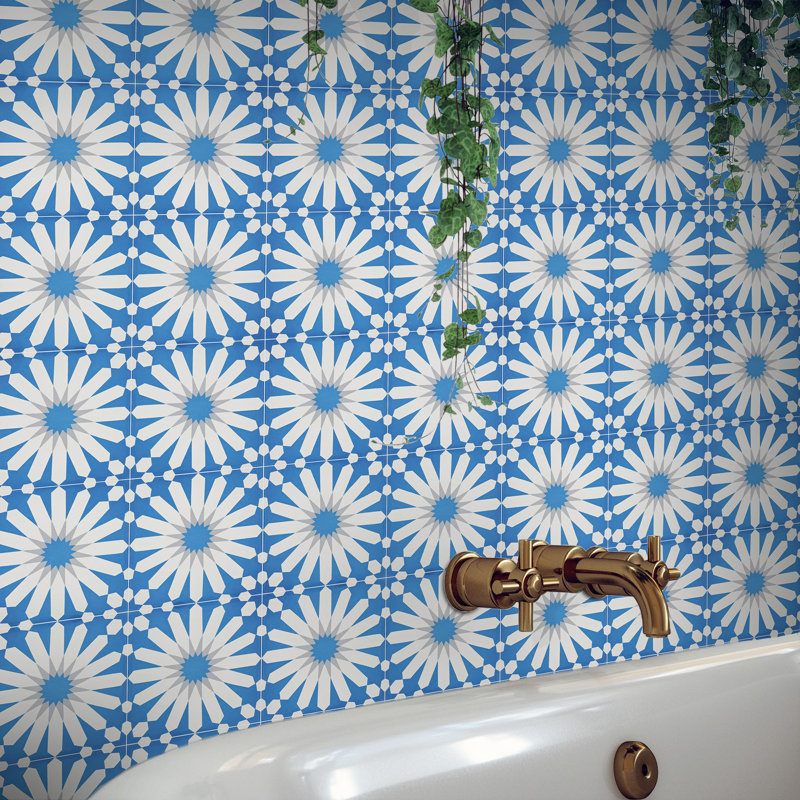 Alhambra 8" x 8" Cement Singular Wall and Floor Tile, Blue/White
