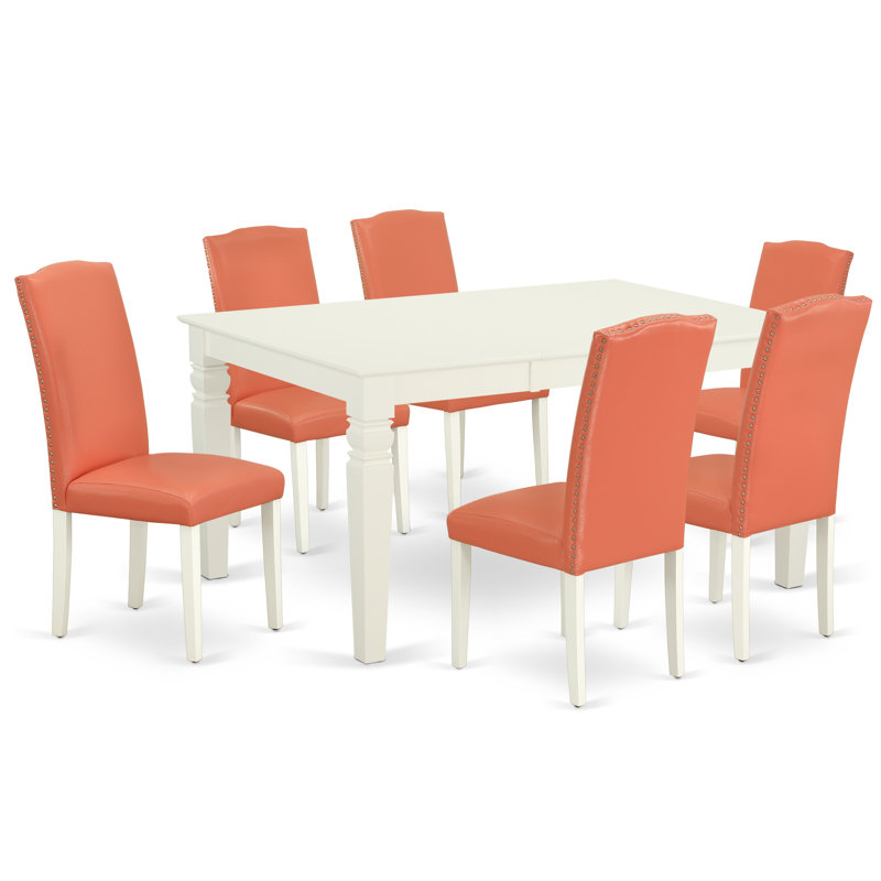 7 Piece Kitchen Table Set Consist of a Rectangle Dining Table with Butterfly Leaf and 6 Pink Flamingo Faux Leather Parson Chairs, Linen White